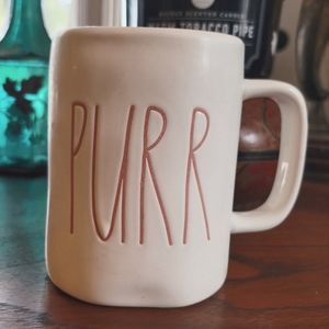 Rae Dunn "PURR" coffee mug for kitty-lovers.